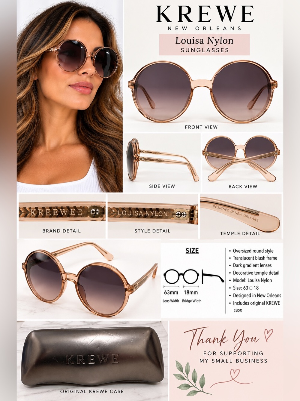 KREWE Louisa Nylon Sunglasses 63-18 Oversized Round Blush Rose Frame w/ Case